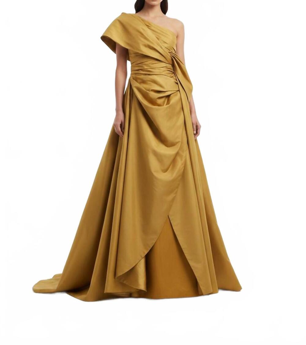 NEW ISABEL SANCHIS one-shoulder evening gown in dark gold
